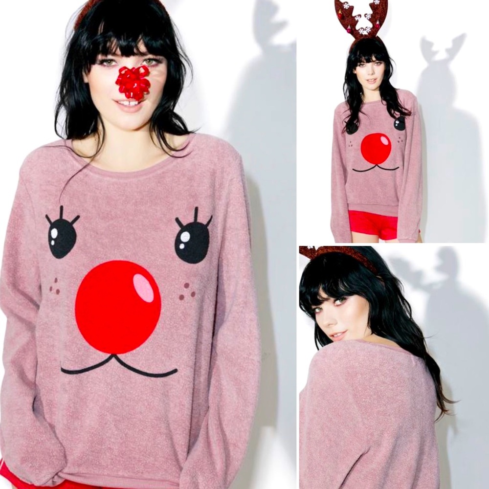 Wildfox Rudy Rudolph Fleece Jumper in Rose Pink Size Medium